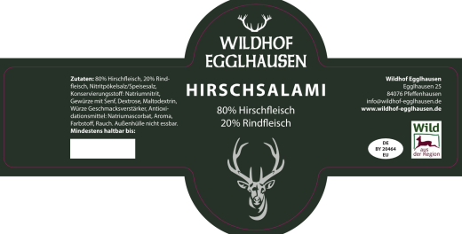 3er Pack Hirschsalami ohne Schweinefleisch (80% Hirsch, 20% Rind)
